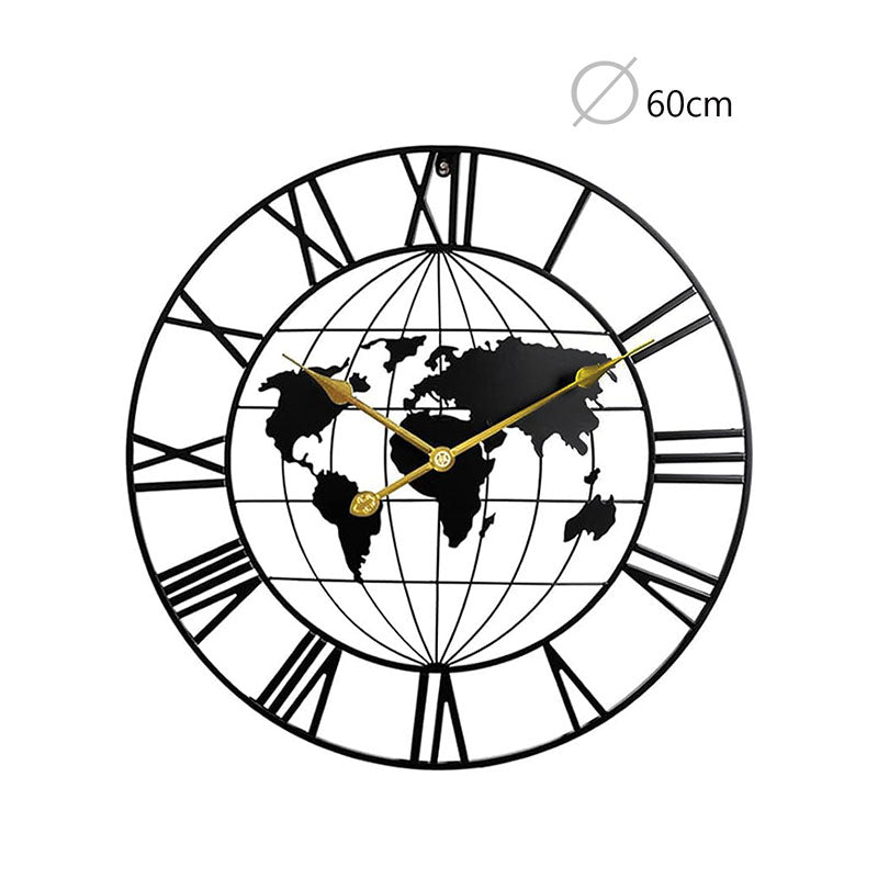 60 CM Large World Map Wall Clock Metal Round Clock Non Ticking Battery Operated Wall Clocks for Living Room Kitchen Bedroom Office Black - Medaid - Lebanon