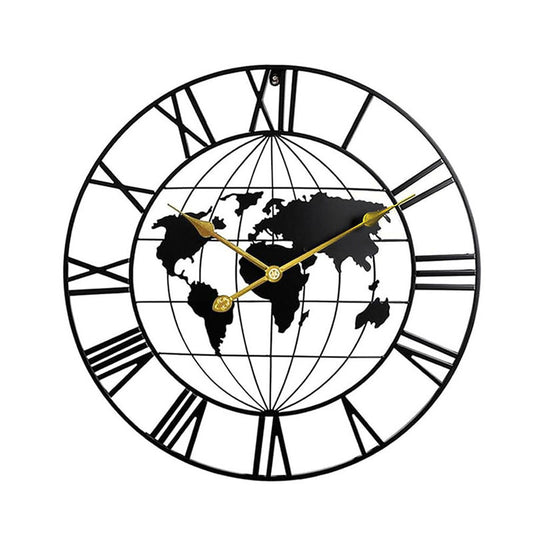 60 CM Large World Map Wall Clock Metal Round Clock Non Ticking Battery Operated Wall Clocks for Living Room Kitchen Bedroom Office Black - Medaid - Lebanon