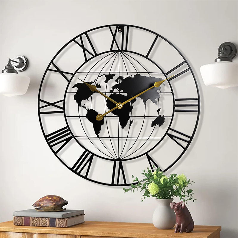 60 CM Large World Map Wall Clock Metal Round Clock Non Ticking Battery Operated Wall Clocks for Living Room Kitchen Bedroom Office Black - Medaid - Lebanon