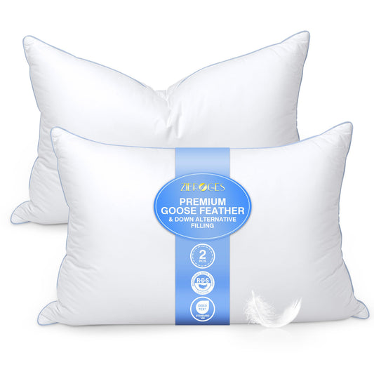 zibroges Goose Feather Pillow Queen Size Pack of 2 - Down Hotel Bed Pillows for Sleeping, Soft 600 Thread Count Cotton Cover, Fluffy Support Surround Fill Polyester for Back, Stomach, Side Sleepers - Medaid International