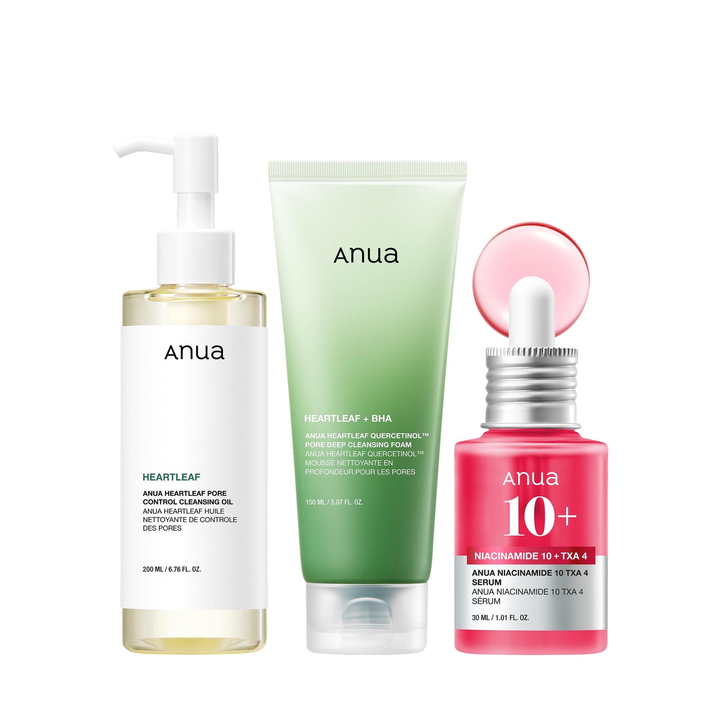 Anua 3-Step Glass Skin Beginner Set, Double Cleansing with Facial Serum, Oil Cleanser & Face Wash with Heartleaf, Daily Routine with Niacinamide, Korean Skincare Set - Medaid International