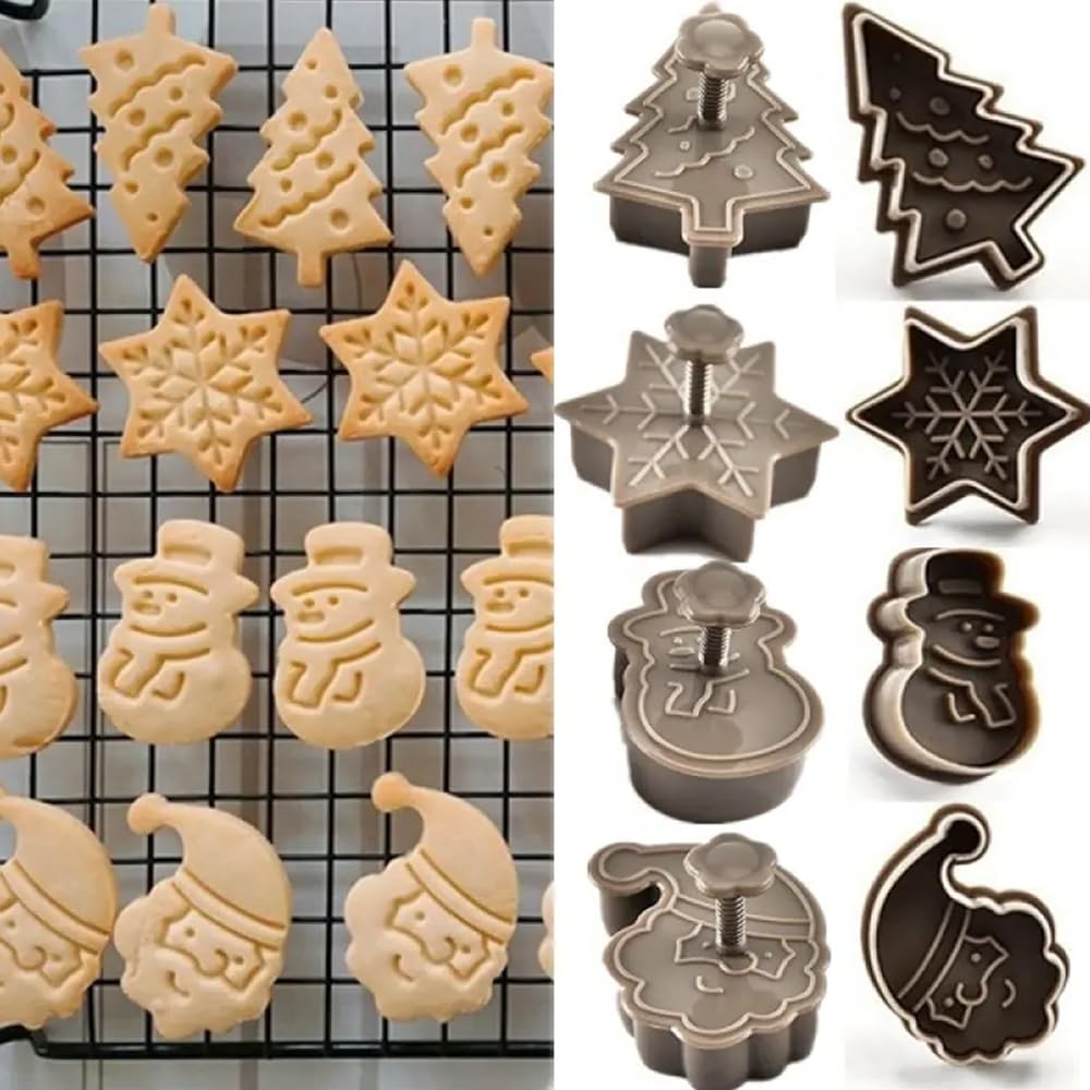 4pcs Christmas Cookie Stamps – Festive Baking Molds with Snowman, Snowflake, Christmas Tree & Santa Claus Pattern - Medaid International