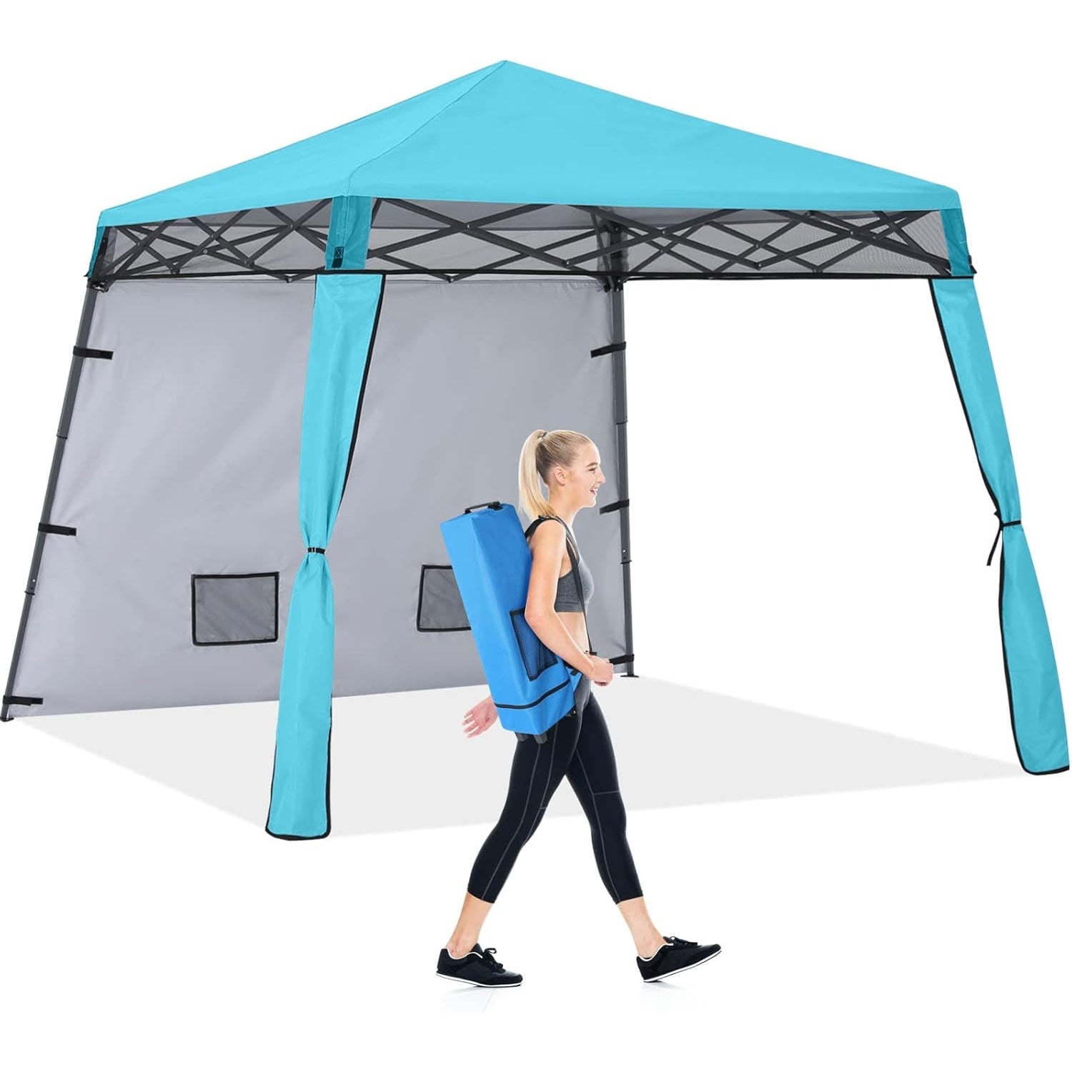 COOSHADE Compact Lightweight Backpack Canopy Sun Protection 8x8 Pop up Shelter Slant Leg Beach Tent with 1 Sidewall, 4 Extra Sandbags (Sky Blue) - Medaid - Lebanon