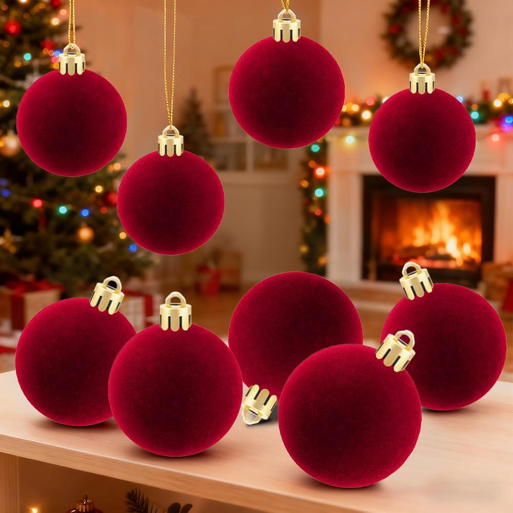 8Pcs Velvet Christmas Balls Bulk Flocked Hanging Ornaments, Drops & FinialsTree Ball Ornaments Xmas Decorative Pendants, Idea Decorations for Christmas Tree, Wreath, Garland, Home Festive(Red) - Medaid International