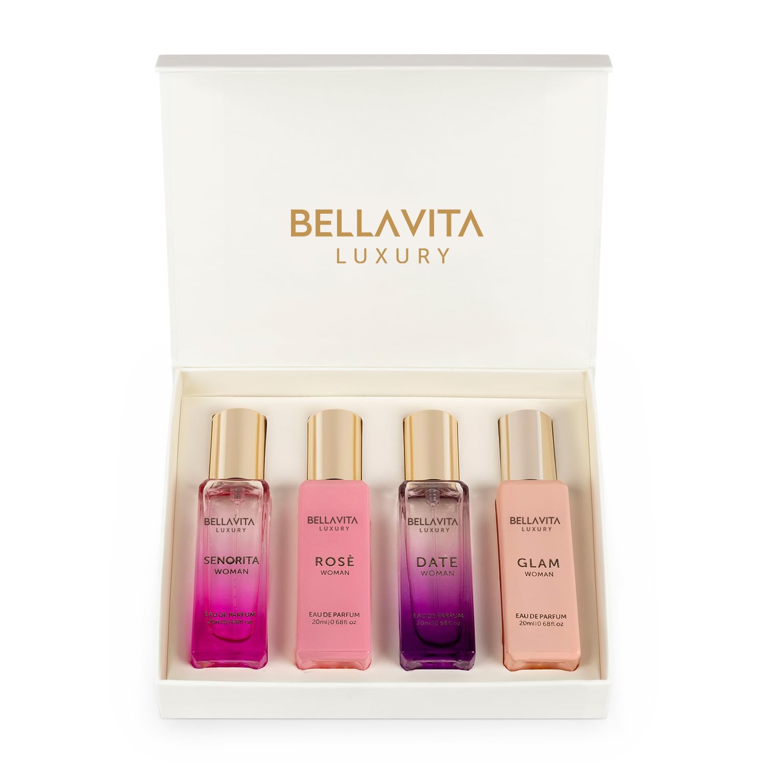 BellaVita Luxury Women's Perfume Gift Set (4x20ml) | Notes of Floral, Sweet, Spicey Red Fruit, Vanilla & Musk | DATE, SENORITA, GLAM & ROSE | French Parfum Collection Gift Set - Medaid International