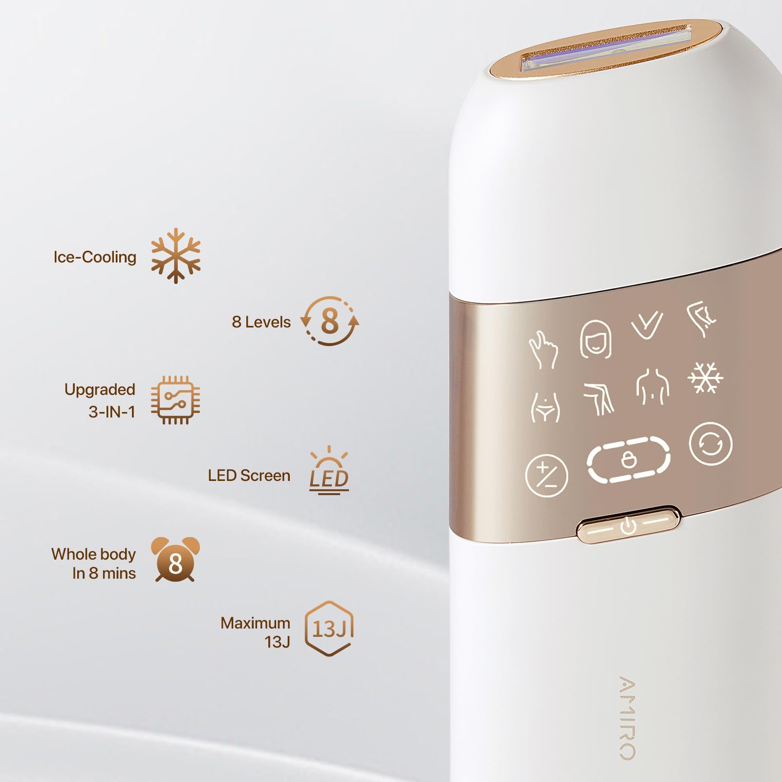 AMIRO Opal IPL Hair Removal Device, 2 modes and 8 Energy Levels, 3 in 1 for Face Armpit Arm Line Leg Whole Body - Medaid International