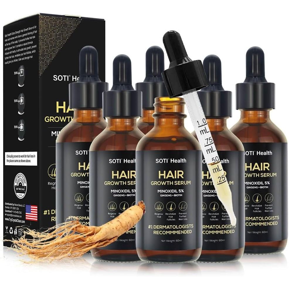 Soti 5% Minoxidil Hair Growth, Hair Loss Regrowth Serum for Hair Loss and Hair Regrowth, Topical Treatment for Thinning Hair, Ginseng and Biotin Extra Strength Formula (1 pack) - Medaid