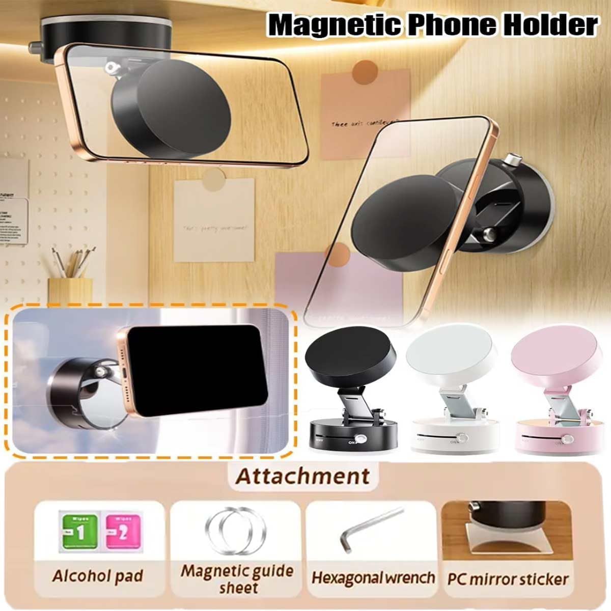 Oudvaker Foldable Magnetic Vacuum Phone Holder, 360° Electric Suction Car Mount, Double-Sided Swivel Stand for Car, Mirror, Gym, Kitchen, Hands-Free Portable Phone Holder (Pink) - Medaid International