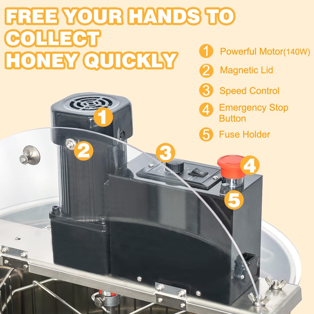 BeeCastle 3 Frame Electric Honey Extractor Stainless Steel Honey Processing Equipment, Powered Honeycomb Drum Spinner with Transparent Lid and Height Adjustable Stand - Medaid International