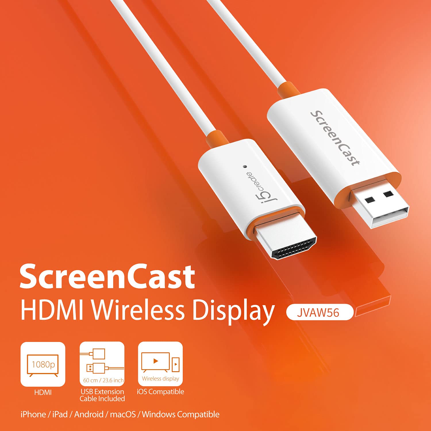 j5create ScreenCast HDMI Wireless Display Adapter Receiver - Mirror Phone, Tablet, Laptop to HDTV - Compatible with MiraCast, AirPlay, Android, Windows 10 PC, iOS, iPhone, Tablet (JVAW56) - Medaid International