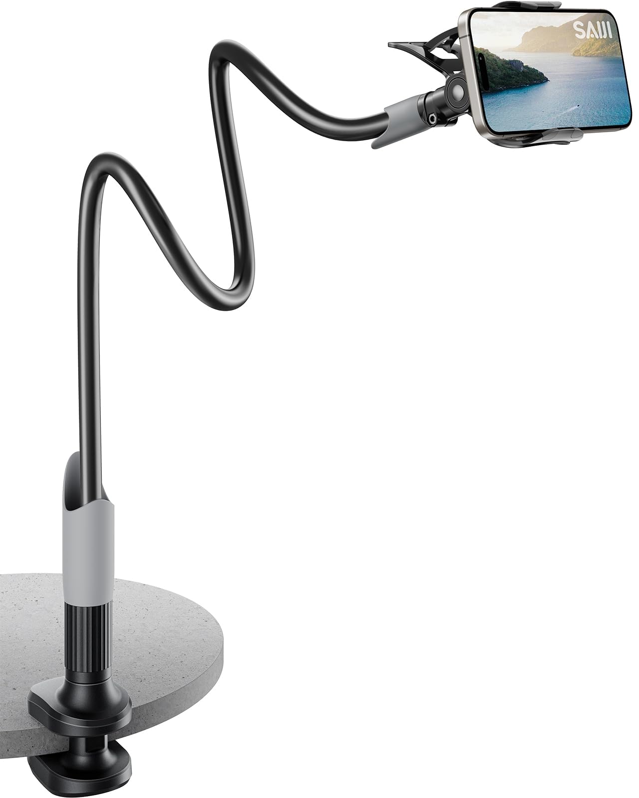SAIJI Gooseneck Bed Phone Holder, Flexible Long Arm Phone Mount for Desk, Clip Bracket Clamp Stand, iPhone Stand, Mobile Cell Phone Stand Document Camera Nintendo Switch (Black) - Medaid International