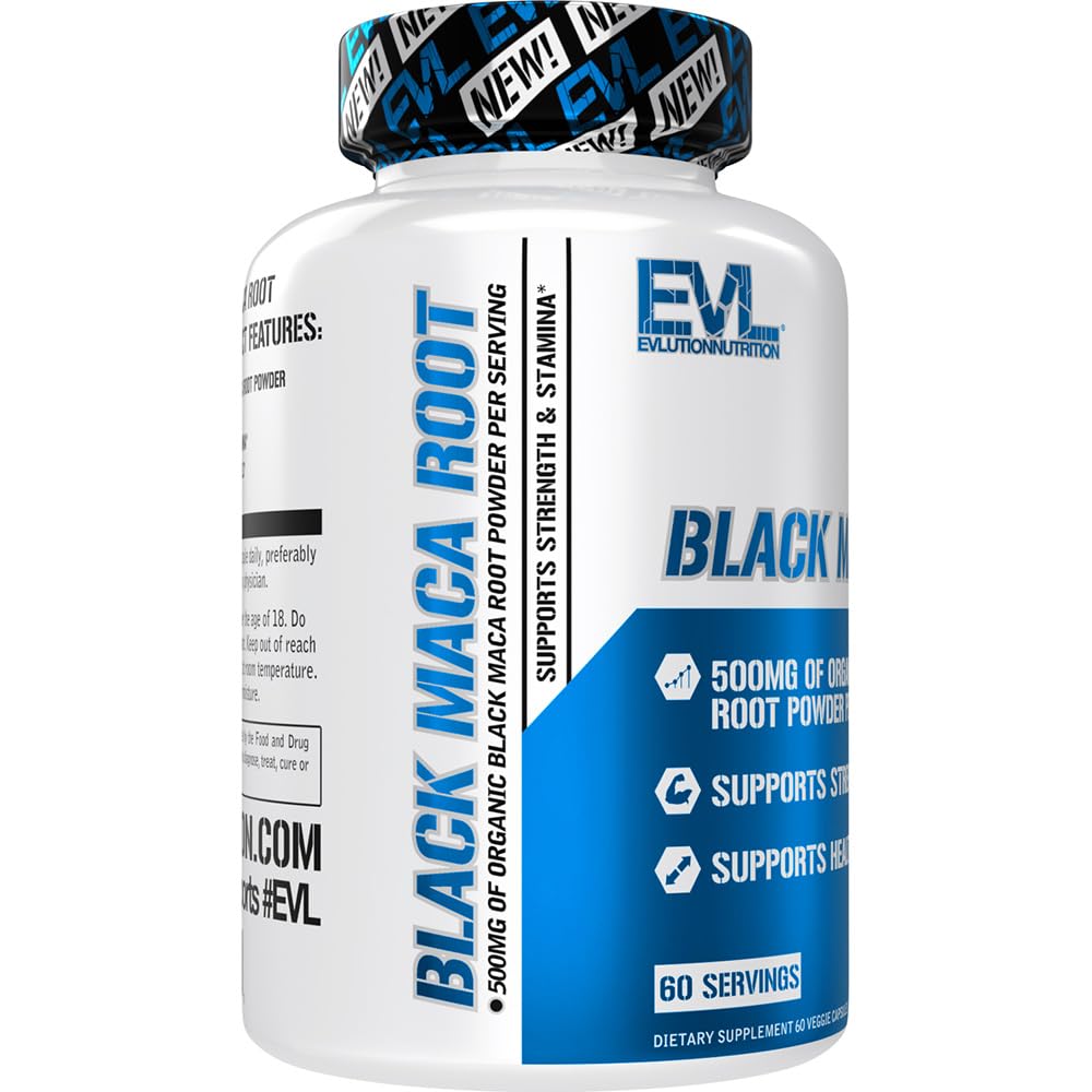 Evlution Nutrition Black Maca Root - Energy Support - 500mg Organic Black Maca Root Powder - Workout Supplement - Vegetarian Capsules - for Strength Performance & Stamina - 60 Servings - Medaid International