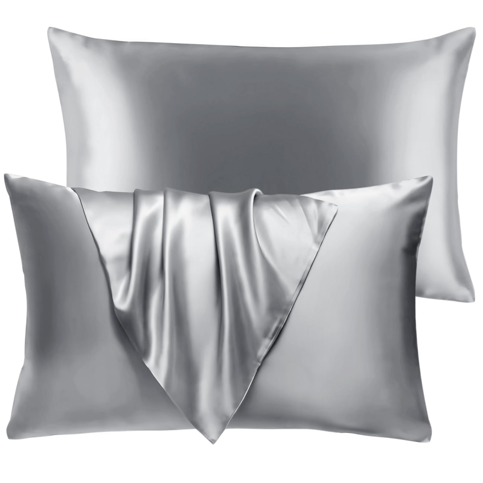 BHZ Satin Goose Down Feather Pillows King Size Set of 2 with Satin Pillowcase for Hair and Skin, Cooling Pillow Cases Similar to Silk Pillow Cases, Christmas Decorative Gifts for Women, Mom Men, Grey - Medaid International