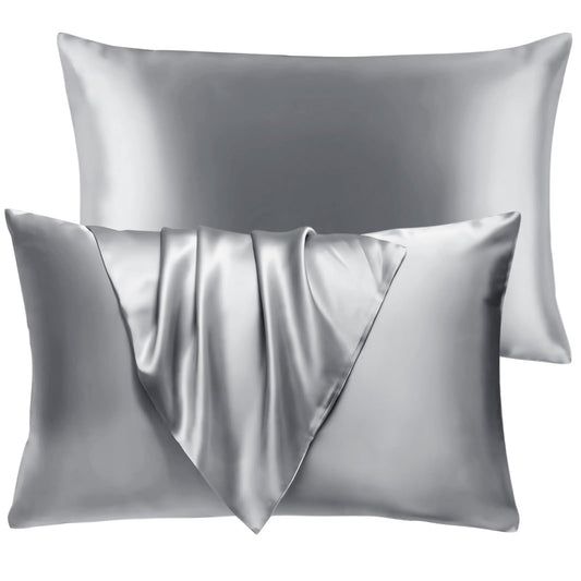 BHZ Satin Goose Down Feather Pillows King Size Set of 2 with Satin Pillowcase for Hair and Skin, Cooling Pillow Cases Similar to Silk Pillow Cases, Christmas Decorative Gifts for Women, Mom Men, Grey - Medaid International