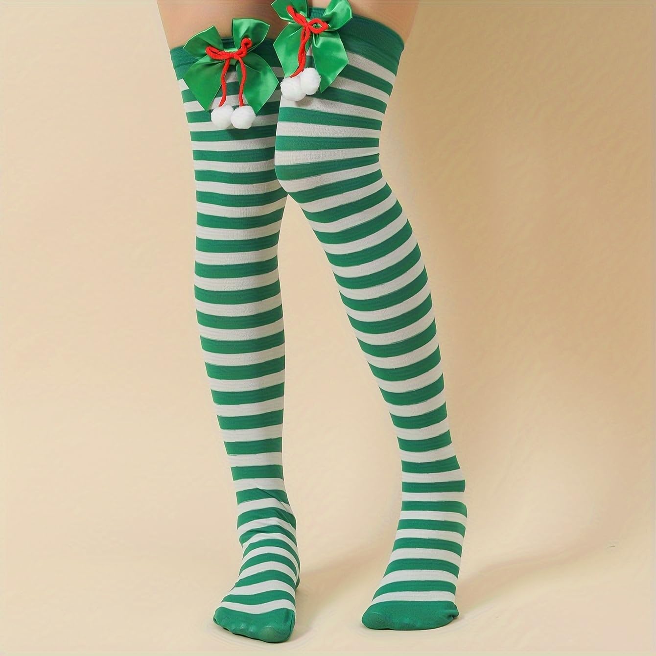 Christmas Striped Socks, Calf Socks with Bow and Ball Decorations xmas Stockings Party Knee Highs Christmas Gifts for Friends - Medaid International