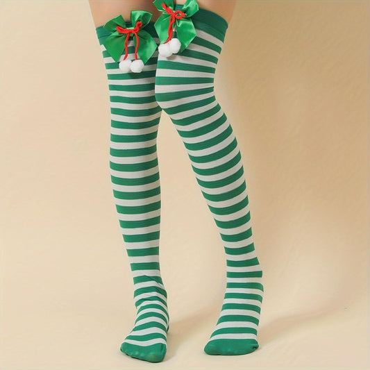 Christmas Striped Socks, Calf Socks with Bow and Ball Decorations xmas Stockings Party Knee Highs Christmas Gifts for Friends - Medaid International