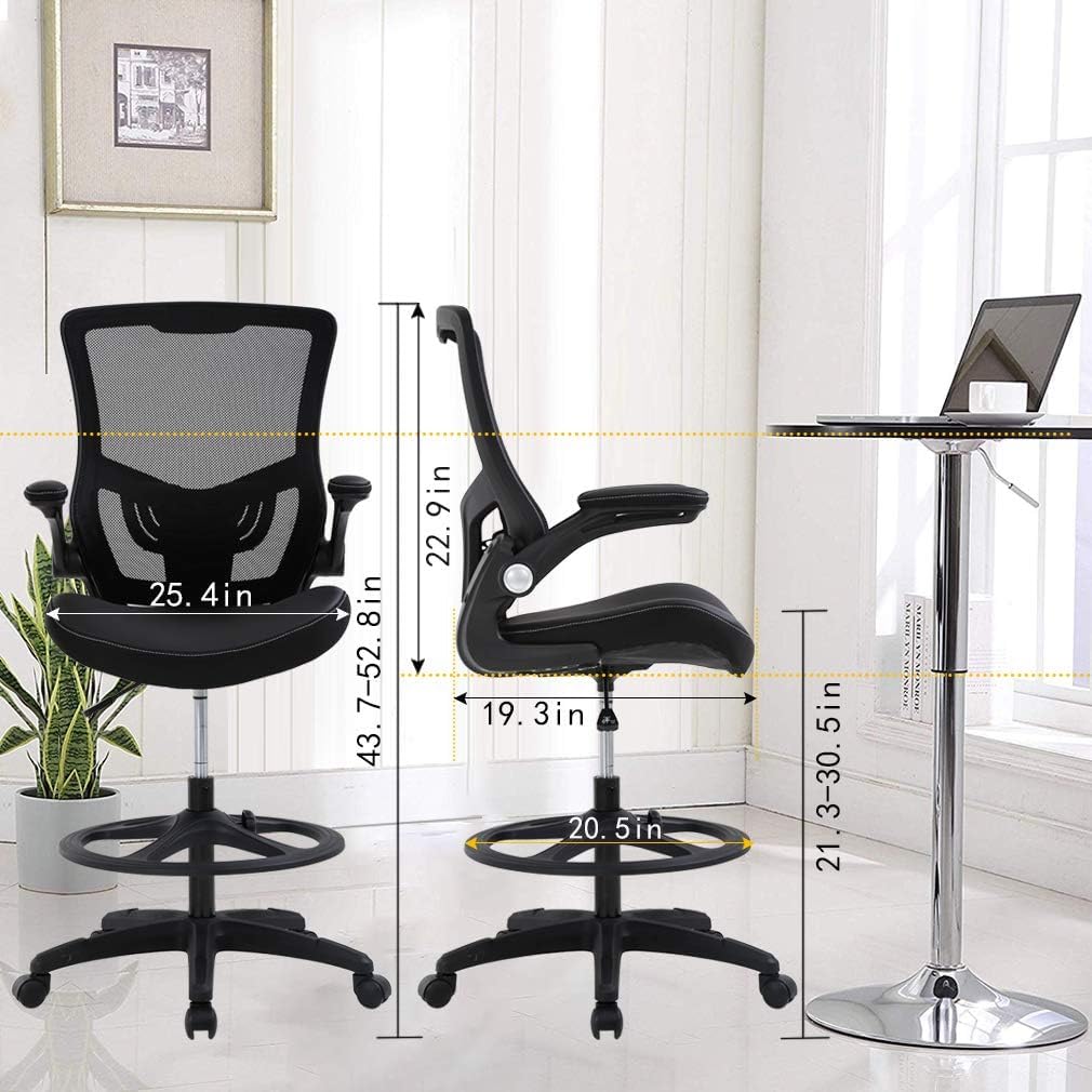Drafting Chair Ergonomic Tall Office Chair Standing Desk Chair with Flip Up Arms Foot Rest Back Support Adjustable Height Mesh Drafting Stool, Black - Medaid International