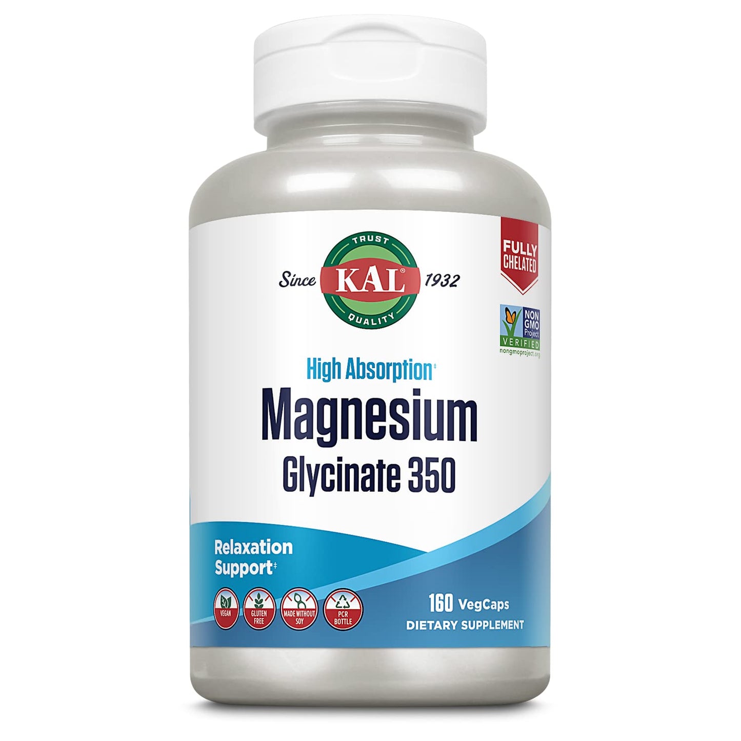 KAL Magnesium Glycinate Capsules, Fully Chelated Magnesium Bisglycinate, High Absorption Magnesium Supplement, Healthy Bones, Muscle, Relaxation and Stress Support, Non-GMO 160 count - Medaid International