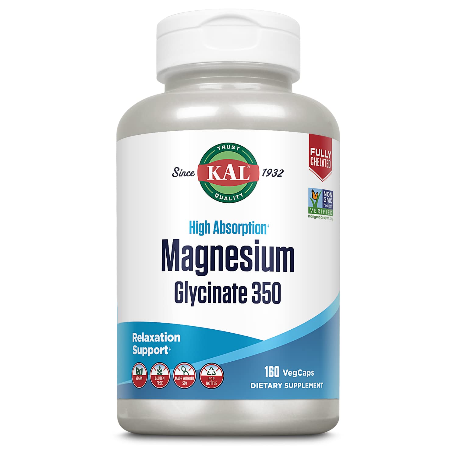 KAL Magnesium Glycinate Capsules, Fully Chelated Magnesium Bisglycinate, High Absorption Magnesium Supplement, Healthy Bones, Muscle, Relaxation and Stress Support, Non-GMO 160 count - Medaid International