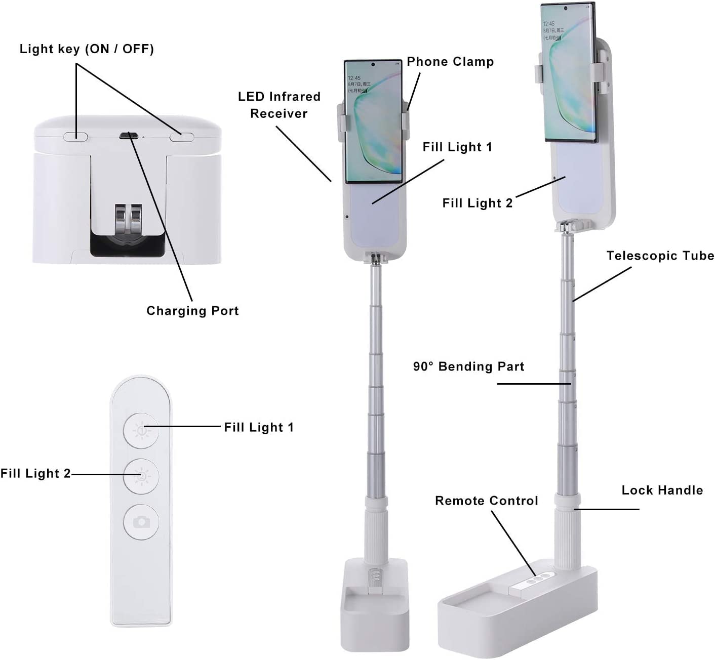 beyonday Foldable Phone Holder for Recording, Selfie Stand with Rechargeable LED Light&Wireless Remote Control 360° Rotatable Retractable Phone Stand for Video Recording/Live Streaming/Online Teaching - Medaid International