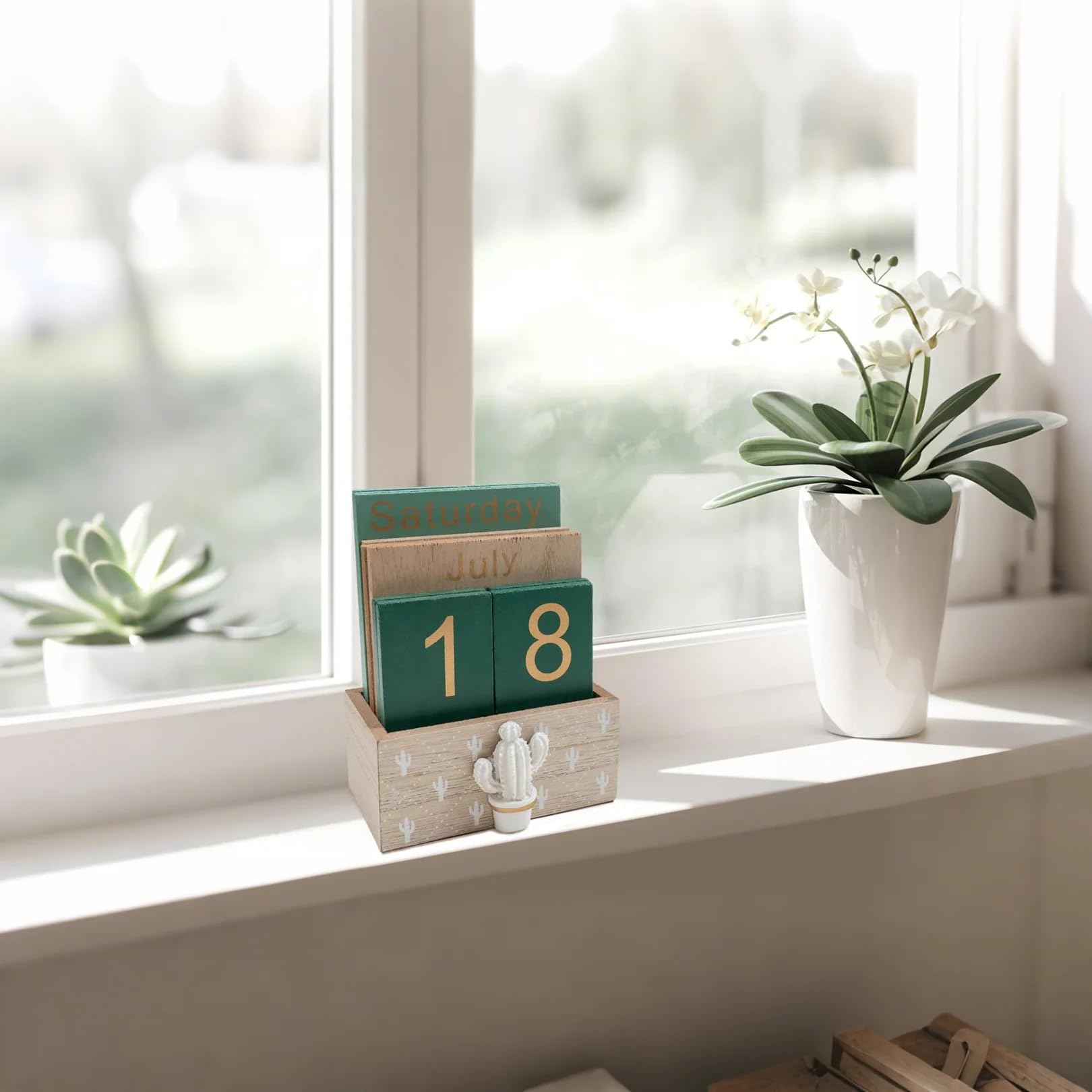 Notakia Perpetual Calendar, Wooden Calendar for Home Office Desk Accessories Vintage Wood Block Calendar(Green) - Medaid International