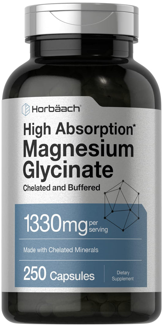 Horbäach Buffered Magnesium Glycinate | 1330mg | 250 Capsules | with Chelated Minerals | Non-GMO, Gluten Free - Medaid International