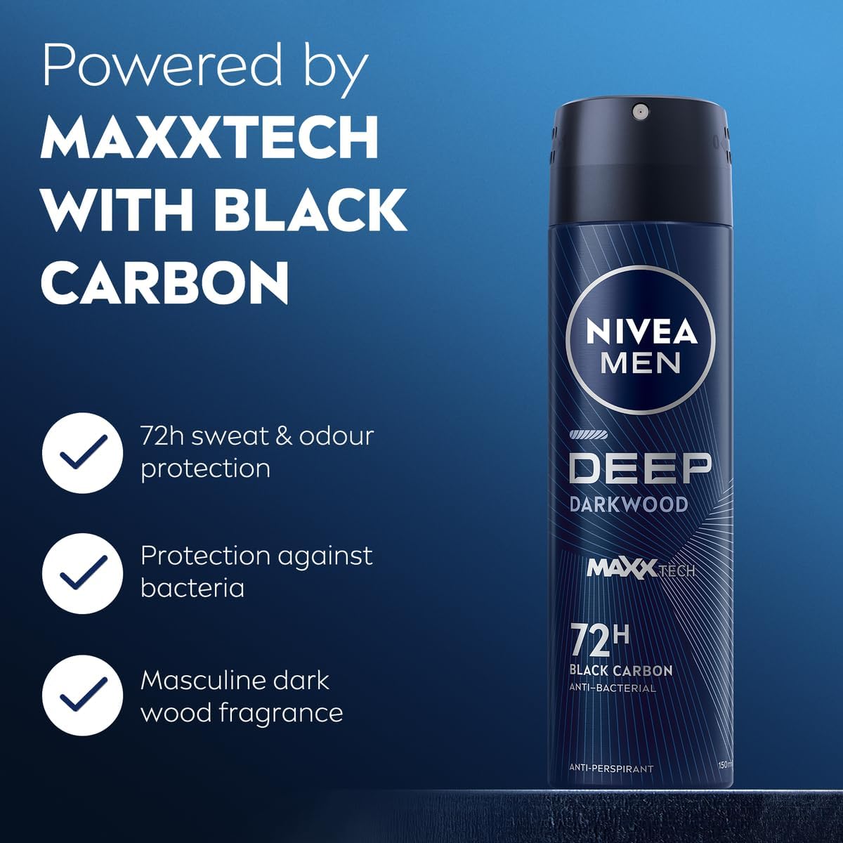 NIVEA MEN Deep MaxxTech Darkwood Spray 150ml, with Black Carbon, 72H Odor & Sweat Protection, Warm Darkwood Scent - Medaid International