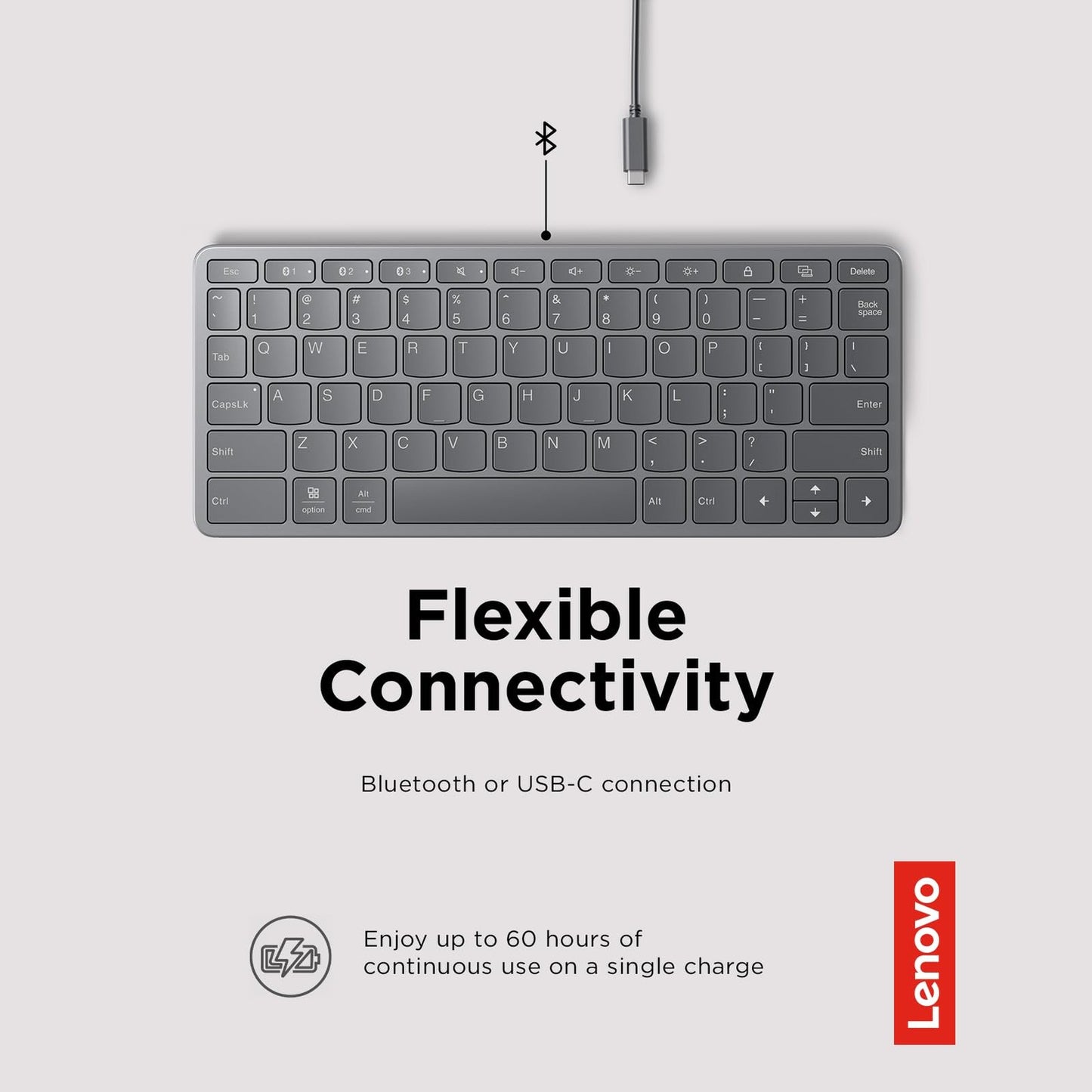 Lenovo Multi-Device Wireless Bluetooth Keyboard, Connect Up to 3 Devices Simultaneously, Compatible with iOS, Android, Windows, Slim Profile, Rechargeable, 60-Hour Battery Life, Iron Grey - Medaid International