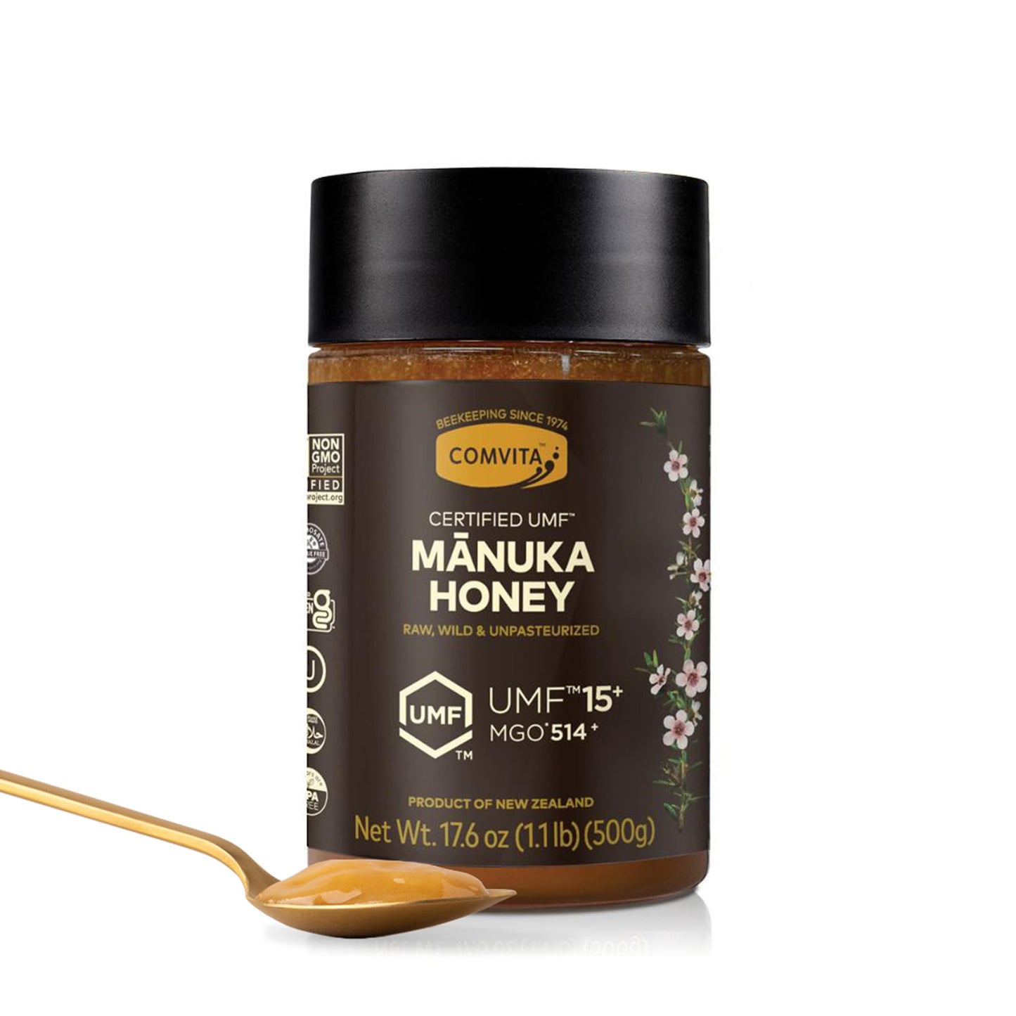 Comvita Manuka Honey UMF 15+ (MGO 514+) - Raw Manuka Honey New Zealand, Pure & Unpasteurized, Superfood for Immune Health, Use in Tea, Wild, Monofloral, Non-GMO - 500g (17.6 oz) - Medaid International
