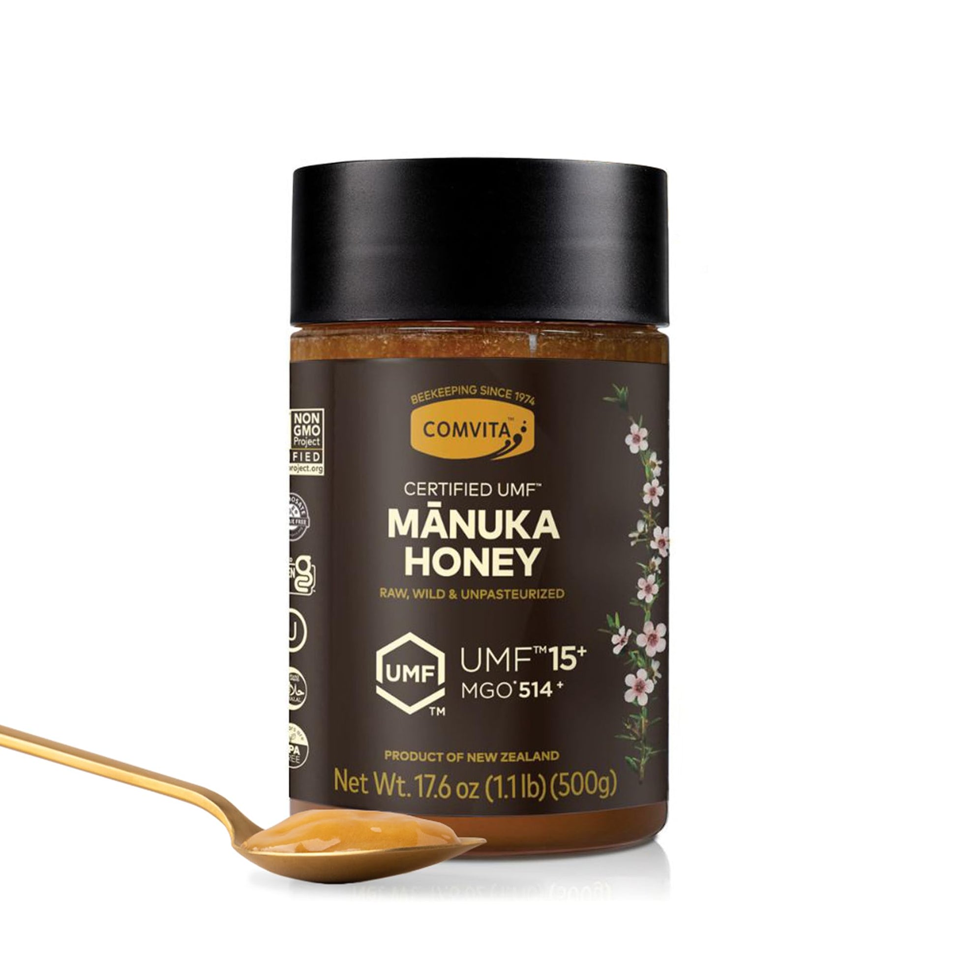 Comvita Manuka Honey UMF 15+ (MGO 514+) - Raw Manuka Honey New Zealand, Pure & Unpasteurized, Superfood for Immune Health, Use in Tea, Wild, Monofloral, Non-GMO - 500g (17.6 oz) - Medaid International