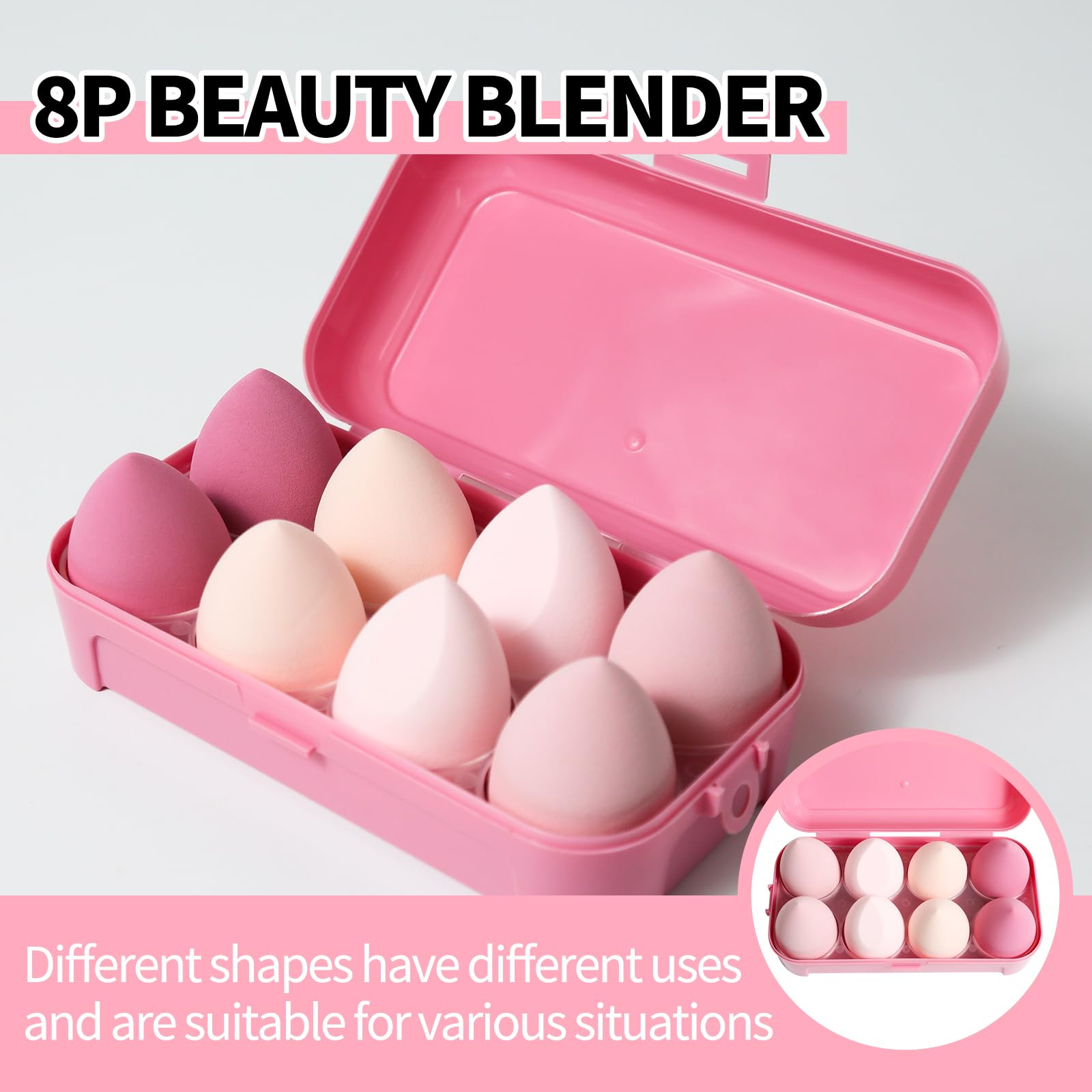 Generic 8 Pcs Egg Shaped Makeup Sponge Set - Blender Beauty Foundation Blending Sponge - Dry & Wet Use - Pink, Synthetic & Silicone Material - Blending, Applying Foundation, Concealer, Blush - Medaid International