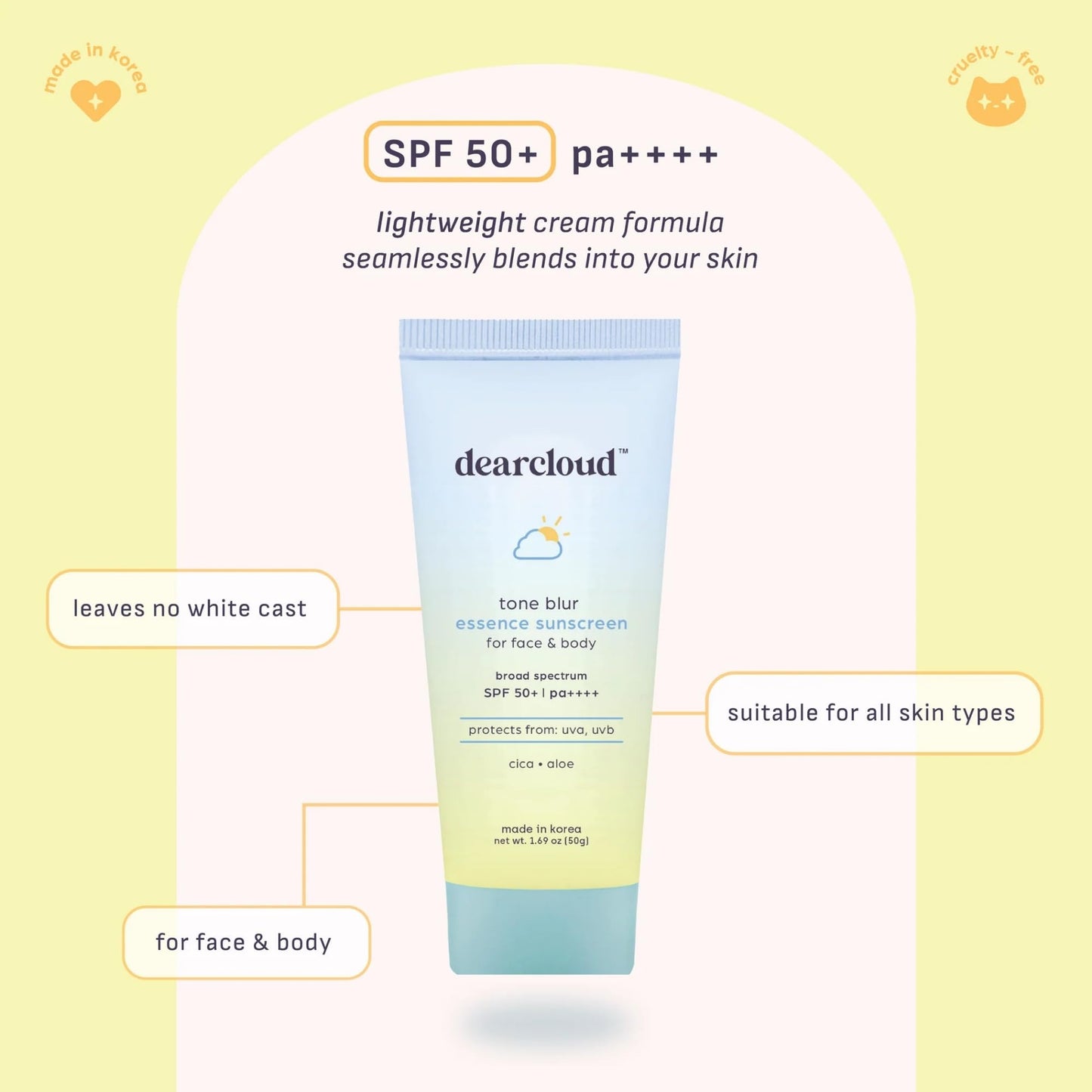 dearcloud Tone Blur Essence Sunscreen SPF 50+ PA++++ – Korean Sunscreen for Face, Primer with Vegan Ingredients (1.69 fl oz) - Medaid International