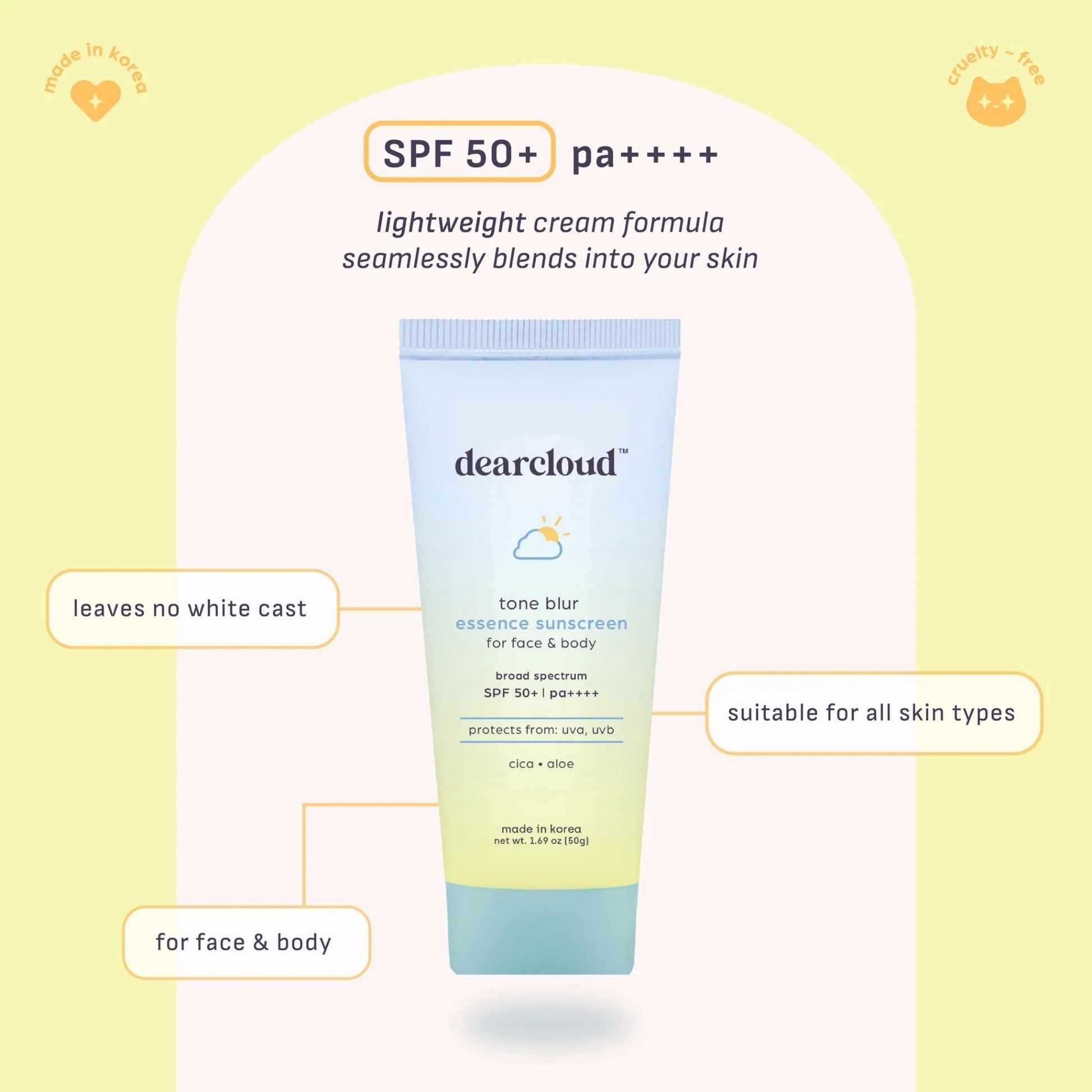 dearcloud Tone Blur Essence Sunscreen SPF 50+ PA++++ – Korean Sunscreen for Face, Primer with Vegan Ingredients (1.69 fl oz) - Medaid International