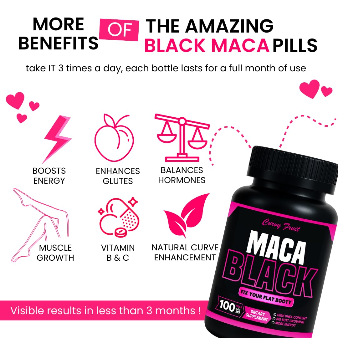 Genuine Black Maca Root Pills for a Big Butt Growing in Short time- 600 mg x 100 und (31 Days) by CurvyFruit - Medaid International