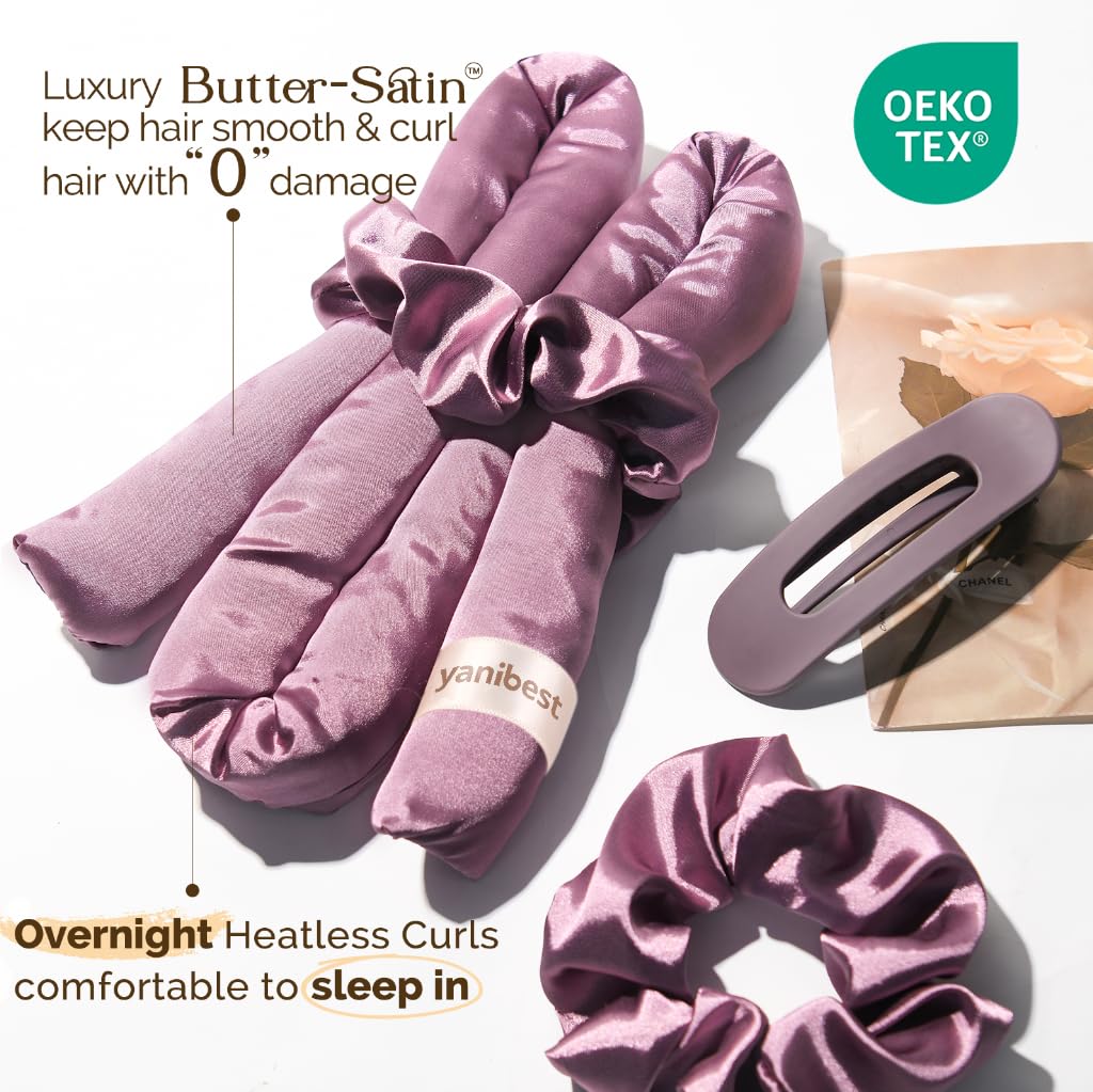Yanibest Satin Heatless Curler Set, Overnight Hair Curler to Sleep in, No Heat Heatless Curl with Scrunchies and Clip，Purple - Medaid International