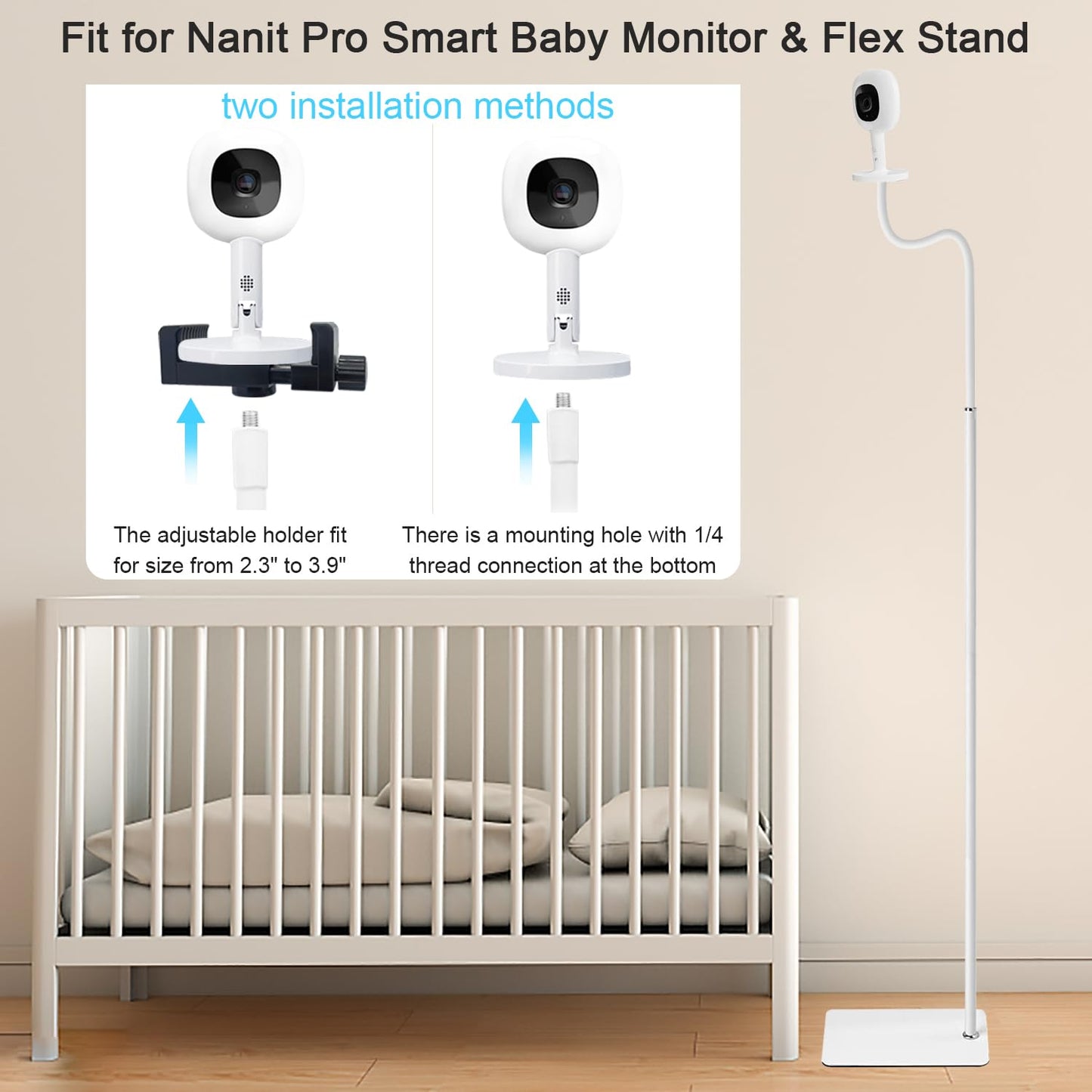 Flexible Adjustable Height Mount for Infant Optics DXR-8 Pro and Hellobaby HB6550 HB65/HB66/HB248 and Also Compatible with The Nanit Pro Smart Baby Monitor & Flex Stand - Medaid International