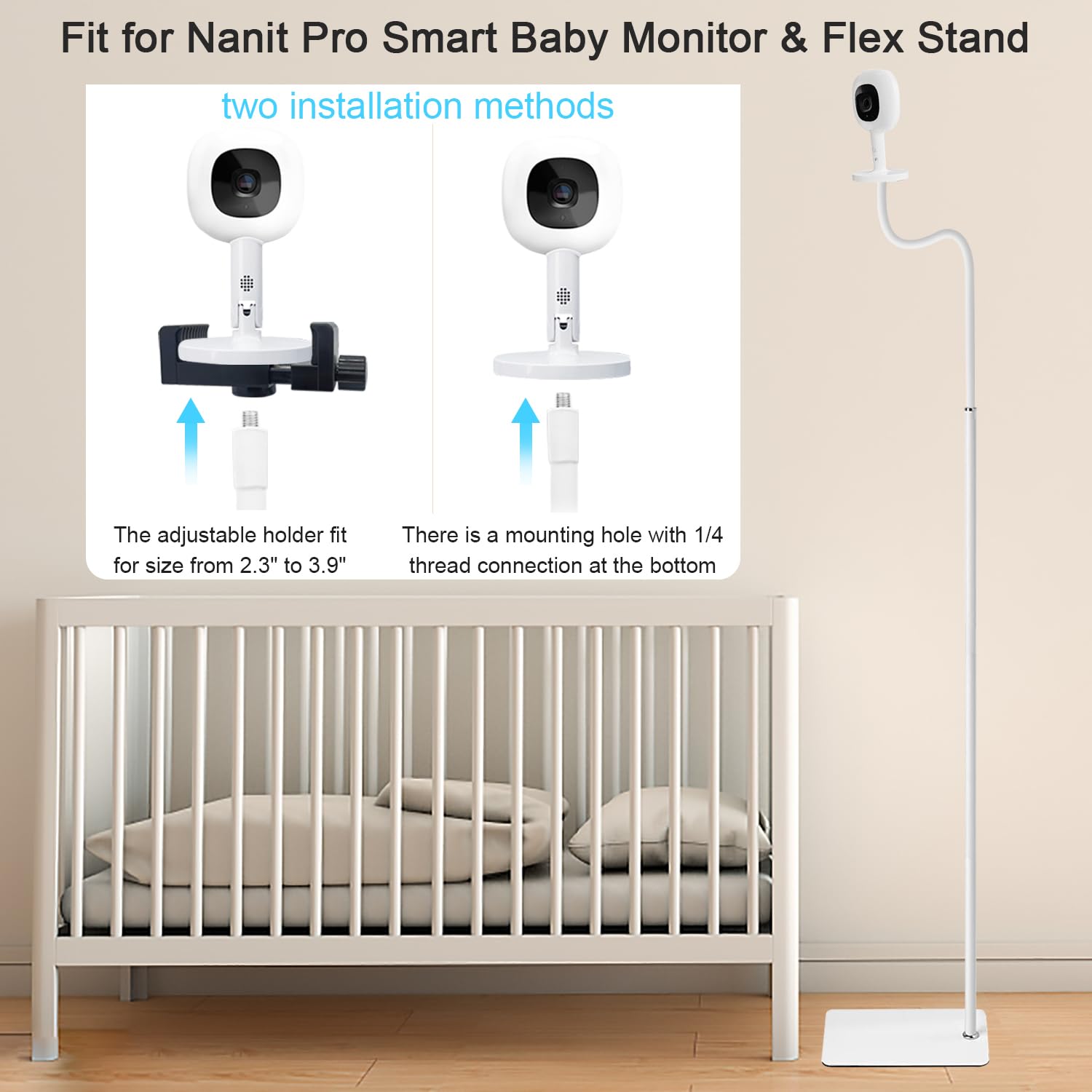 Flexible Adjustable Height Mount for Infant Optics DXR-8 Pro and Hellobaby HB6550 HB65/HB66/HB248 and Also Compatible with The Nanit Pro Smart Baby Monitor & Flex Stand - Medaid International