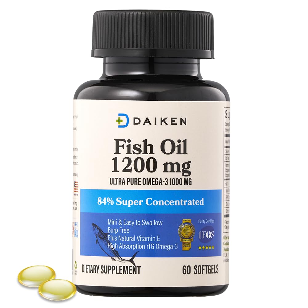 DAIKEN Mini Fish Oil 1200 mg, rTG Omega 3 1000mg, 60 Softgels, High Absorption & Burpless Fish Oil for Healthy Heart, Brain and Dry Eyes Support - Medaid International