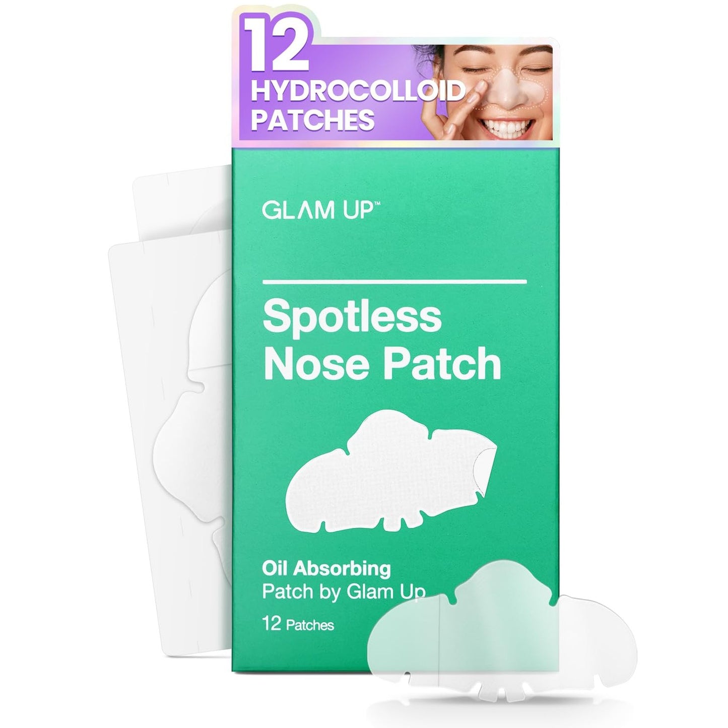 GLAM UP Spotless Nose Patch Hydrocolloid Coverage for Nose Pores, Zits and Oil - Overnight Strong Waterproof to Absorb Blackheads & Pimple Nose Gunk, and Calm with Tea Tree (12 Patches) - Medaid International