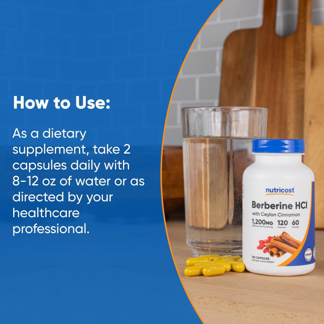 Nutricost Berberine HCl with Ceylon Cinnamon Capsules (120 Capsules, 60 Servings) - Non-GMO, Animal-Free Product - Medaid International