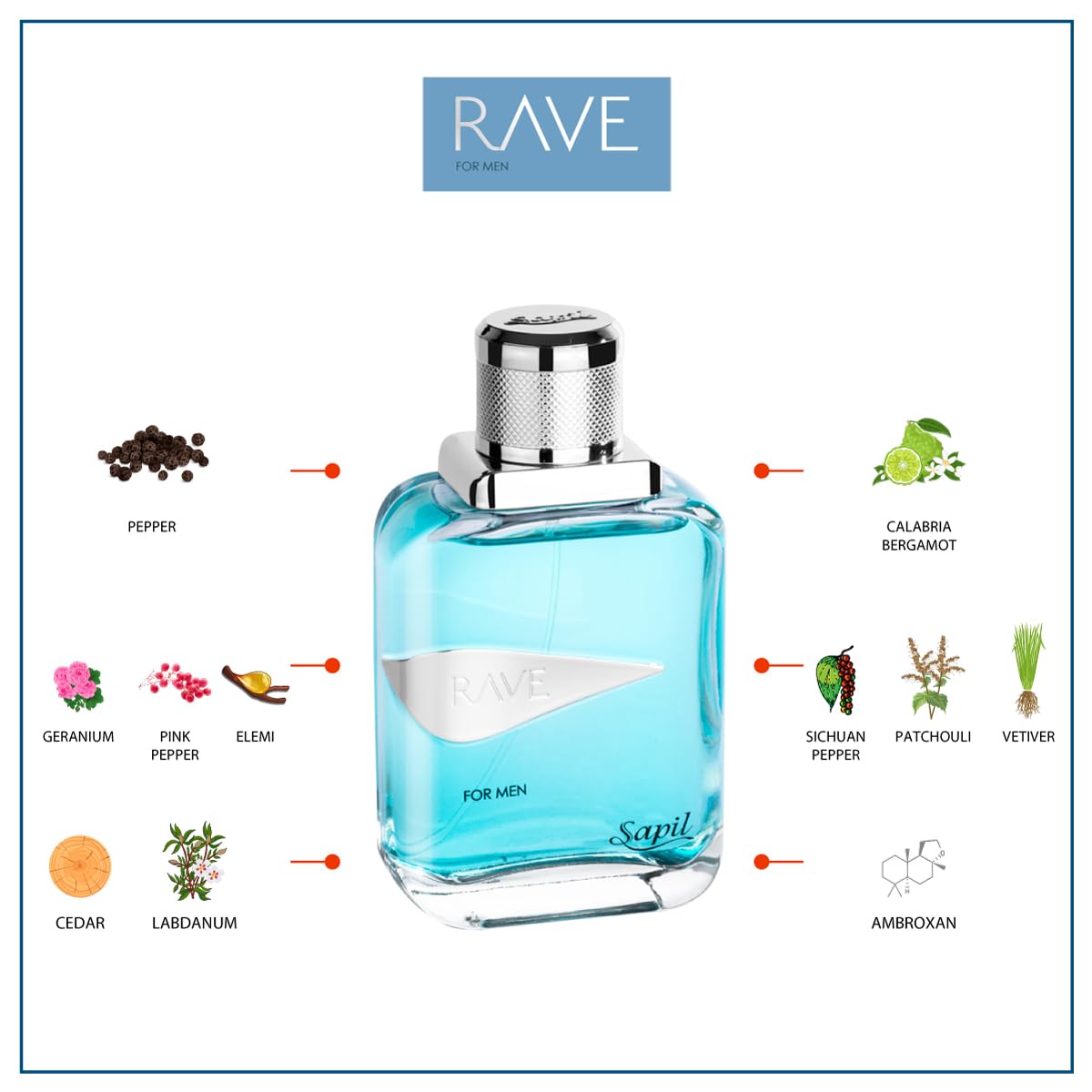 Sapil Rave 100 ml Eau De Toilette Men - Long-Lasting Dubai Toilette, Fresh Spicy Aromatic Scent for Daily Wear, Arabic Toilette with Unique Calabrian Bergamot & Pepper Notes [100 ml - 3.4 oz] - Medaid International