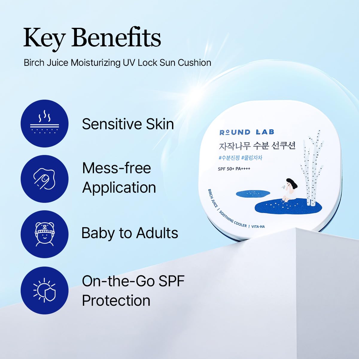 Round Lab Birch Juice Moisturizing UV Lock Sun Cushion, SPF50+ Broad Spectrum, 0.52 oz, Mineral Sunscreen for All Family Members, Over Makeup Poratable Sun cushion, No White cast, Korean Sunscreen - Medaid International