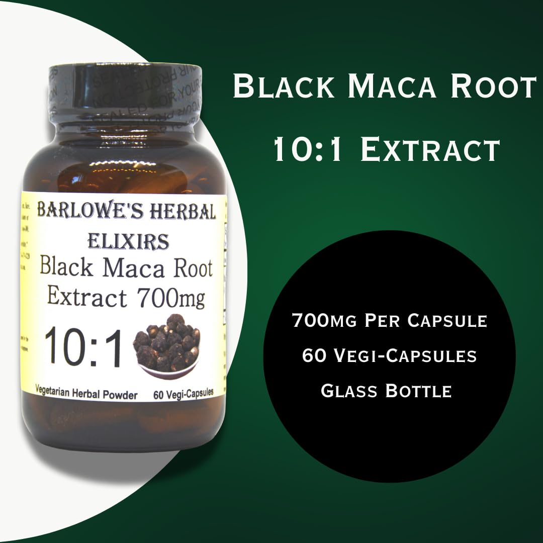 Barlowe's Herbal Elixirs Black Maca | Peruvian Maca Root Extract | 700 mg per Capsule | 60 Veggie Capsules (Vegan, Kosher, Halal) | | Glass Bottle | Third Party Tested - Medaid International