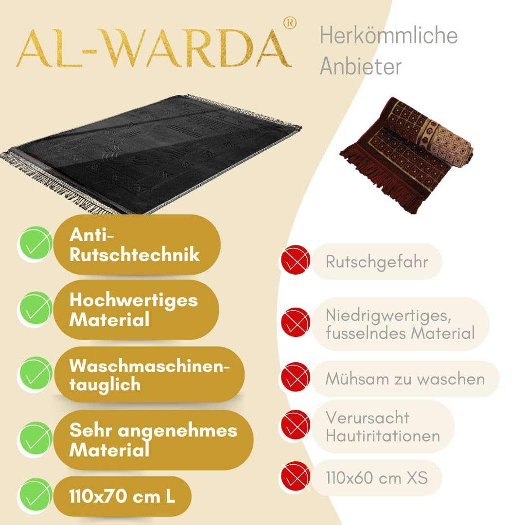 AL-WARDA Muslim Prayer Mat - Super Comfortable and Soft Plush Prayer Mat - Thick Muslim Prayer Mat - Soft as a Cloud, Ideal for Knees and Forehead (Black) - Medaid International