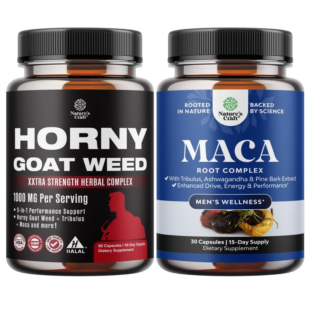 Bundle of Horny Goat Weed for Men with Black Maca Root, Tongkat Ali, Saw Palmetto & Panax Ginseng Extract and Maca Root Capsules - Herbal Wellness Supplement with Siberian Ginseng Ashwagandha - Medaid International