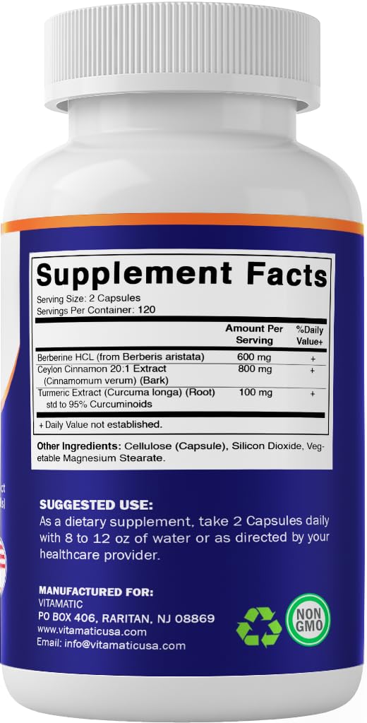 Vitamatic Berberine with Ceylon Cinnamon, 1500mg, 240 Vegetarian Capsules, Non-GMO, Gluten Free - Medaid International