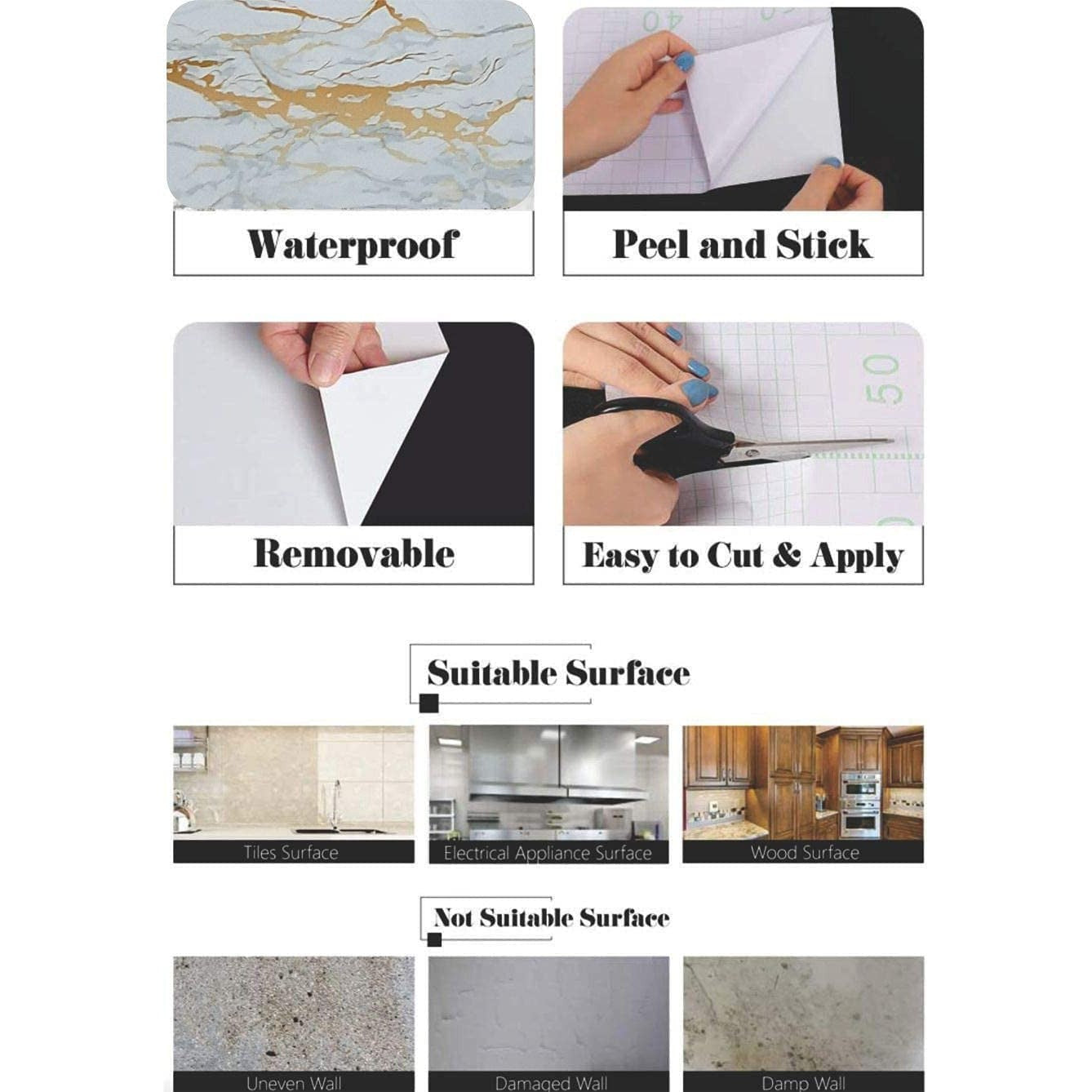 WALLTON Wall Stickers Marble (16 x 48 Inches) Jade Kitchen Counter, Cabinet Makeover, Almirah, Plastic & Wooden Tabletop, Wardrobe, PVC DIY Self Adhesive - White, Golden Marble Matte - Medaid International