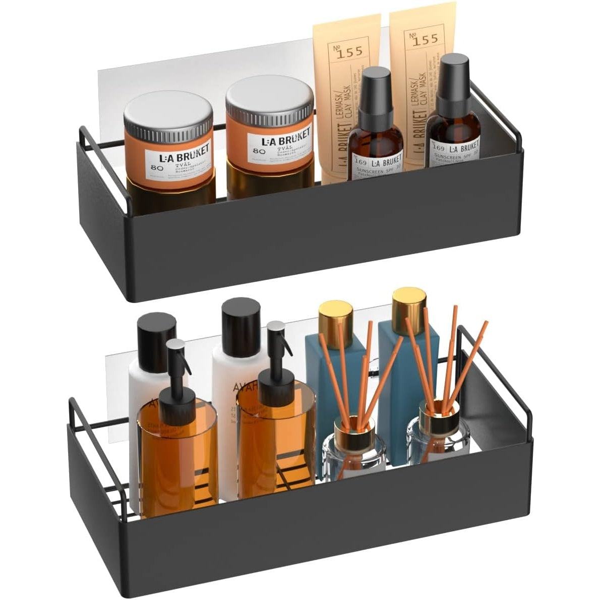 FESDOS Shower Caddy Basket Traceless Adhesive Shower Shelf Rack Wall Mounted Shower Storage Basket for Bathroom Kitchen Toilet Shampoo Holder Hooks for Razor and Sponge No Drilling - 2 Pack (Black) - Medaid International