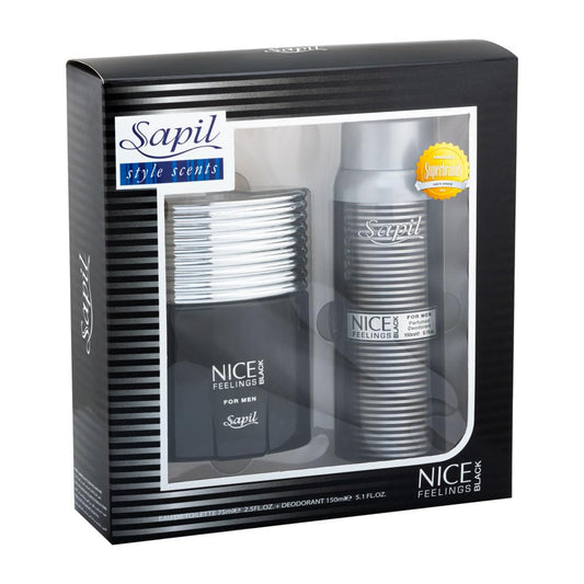 Sapil Nice Feeling Black - Eau De Toilette and Deodorant Spray For Men - Evokes Power and Sensuality - Opens with Citrus Notes - Beautiful Giftset Box - Perfect for Gift Giving Occasion - 2 Pc - Medaid International