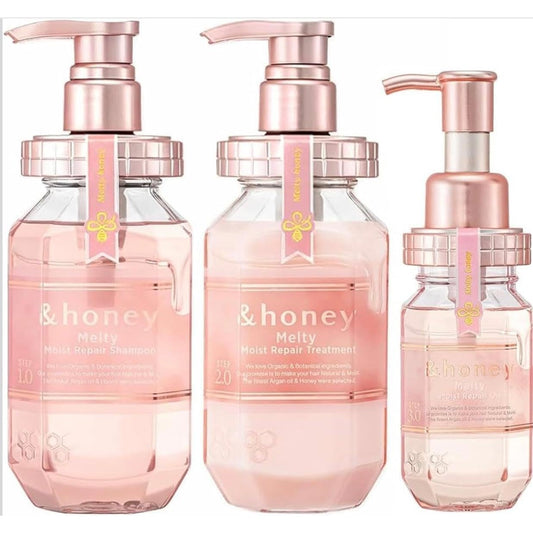 &honey Melty Moist Repair Shampoo and Treatment Set, Pink, Hair Care Products with Argan Oil, Botanical Ingredients (Set of 3) (Made In Japan)